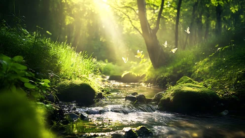 Enchanted sunlit forest stream with butterflies, digital art style.