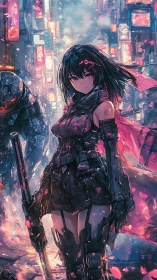 Female cybernetic fighter stands in neon-lit urban street