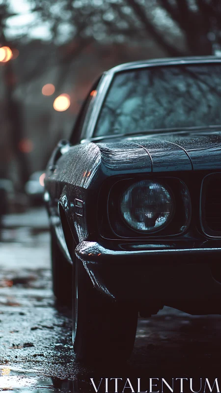 Moody close-up of vintage car in rainy urban street.