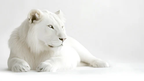 White lion in lateral resting pose on high key background.