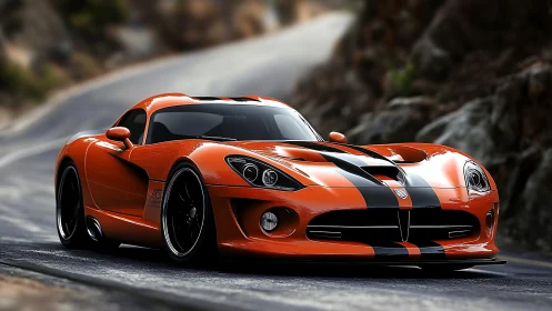 Tiger-striped supercar prowls a winding mountain road.