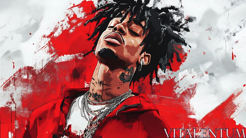 Bold digital portrait with red abstract paint sweeps.