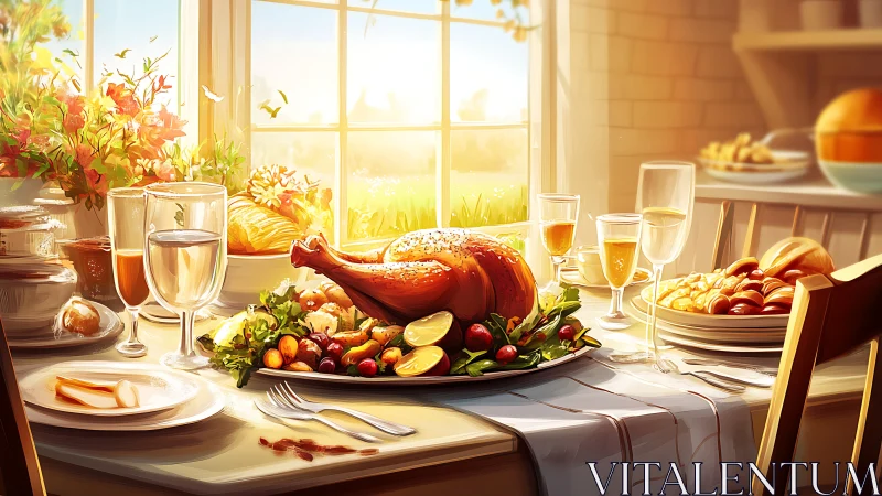 Digital painting of sunlit holiday feast on rustic table.