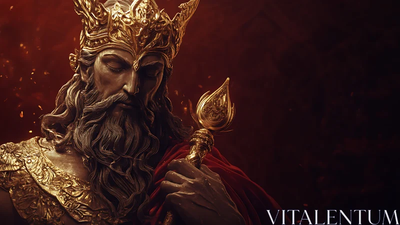 Regal bronze warrior king in ember-lit solemn profile.