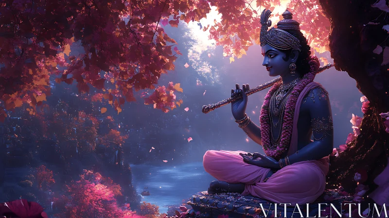 Blue-skinned deity plays flute under glowing riverbank canopy