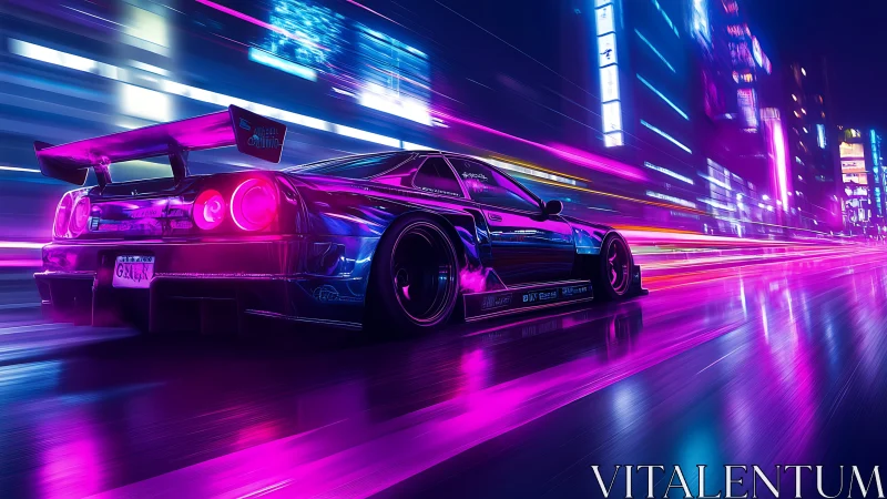 Neon drift racer slicing through cyberpunk city streets.