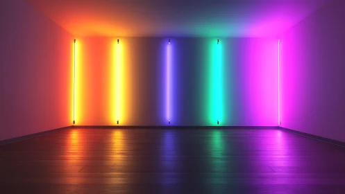 Neon light bars bathe a minimalist room in vivid gradients
