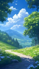 Sunny hillside path through green valley landscape.