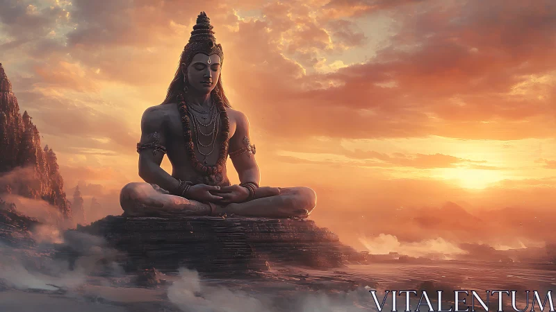 Meditating Shiva statue above clouds at fiery sunset sky.