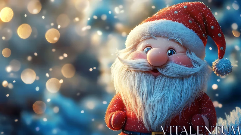 Cartoon Santa figure in snowy outdoor festive setting.