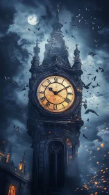 Gothic clock tower under stormlit moon with swirling crows
