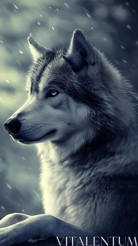 Silent winter sentry studies the storm with ice-bright eyes