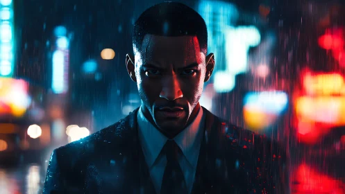 Intense suited man in neon city rain at night.