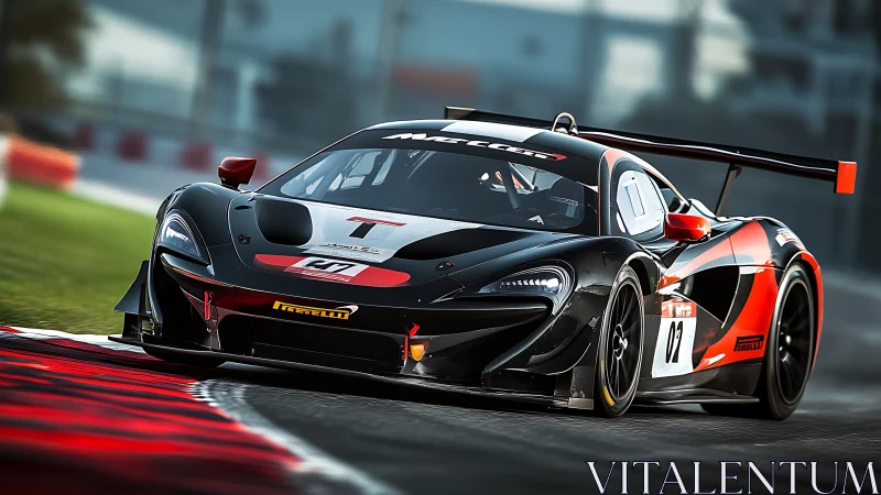 Carbon-black GT3 race car slicing apex under golden light.