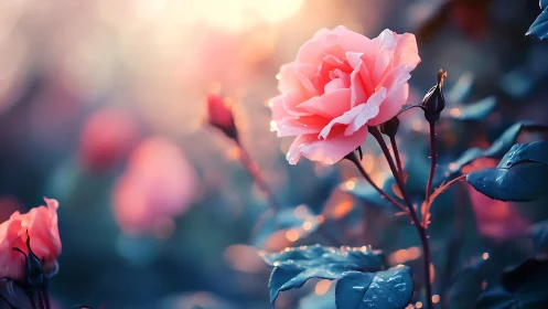 Pink Rose in Soft Focus Garden with Blue Foliage