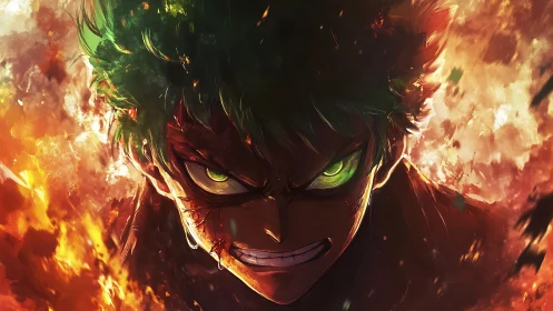 Fierce green-eyed hero rising through swirling fiery light.