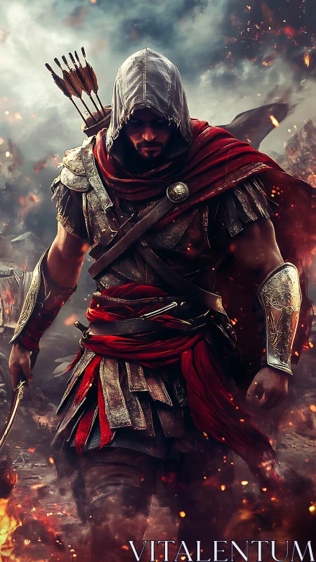 Hooded armored warrior advances through smoke and embers