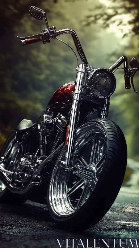 Custom chrome motorcycle on wet forest roadway at dusk.