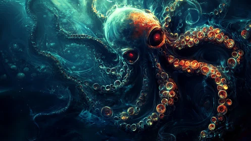 Bioluminescent octopus rendered in high-contrast digital abstraction