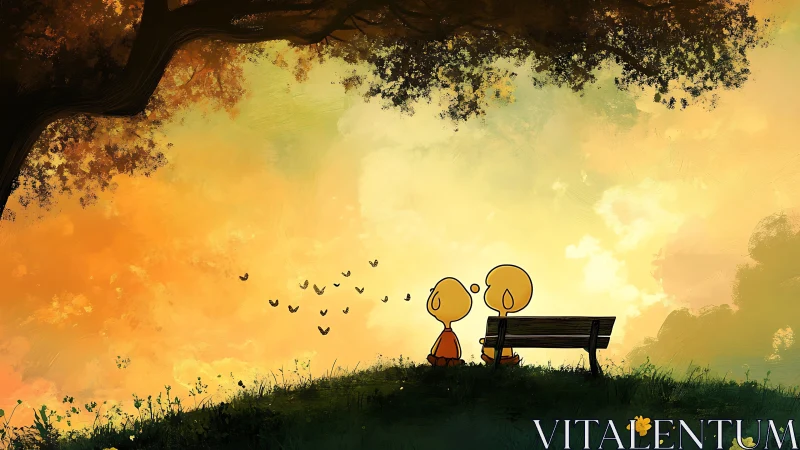 Two figures contemplating golden sunset from park bench.