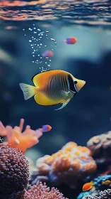 Tropical reef fish swims above coral structures in clear water
