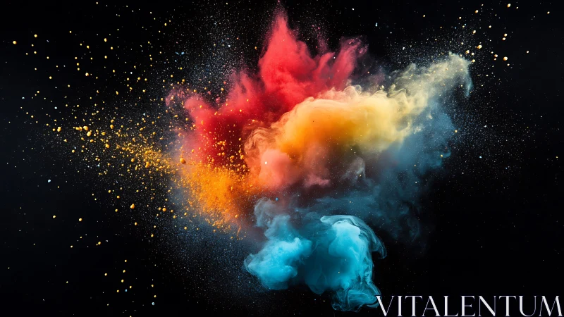 Multicolored powder cloud suspended against black backdrop.