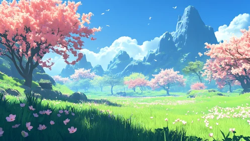 Serene valley of cherry blossom trees under blue sky.