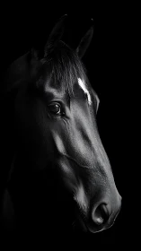 Quiet midnight horse portrait in dramatic soft light.