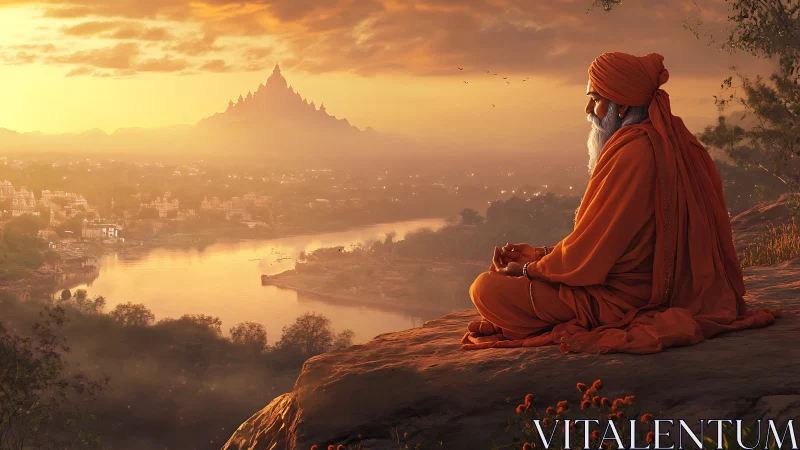 Digital painting of meditating sage above river valley at dusk.