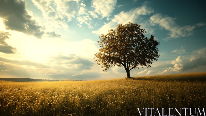 Solitary tree on open grass field under late day sky.