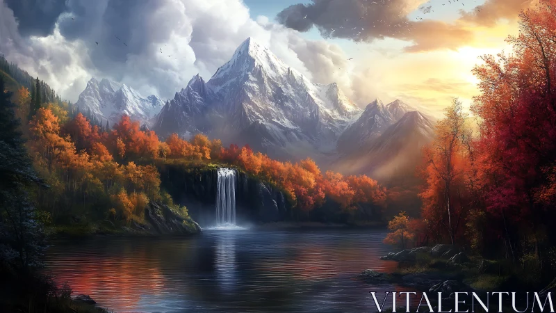 Autumnal alpine basin with waterfall under stratified sunset light.