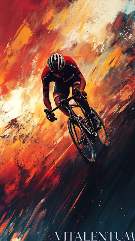 Cyclist racing through abstract fiery motion field.