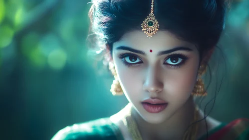 Digital portrait of Indian woman with jeweled maang tikka.