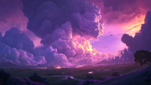 Volumetric storm clouds illuminated by saturated magenta sunset light
