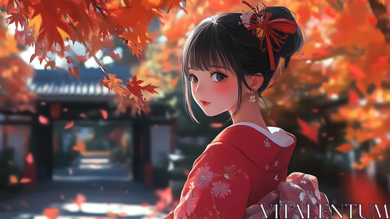 Autumn courtyard stroll with a gentle kimono glance.