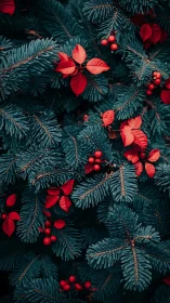 Contrasting red foliage punctuates deep teal conifer boughs