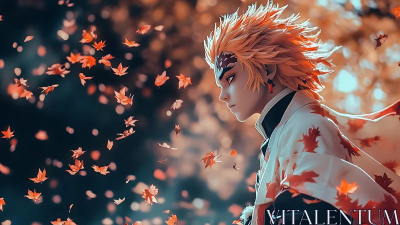 Flame eyed warrior walks through a crimson autumn storm of leaves.