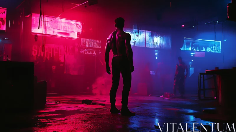 Neon-lit lone figure stands in moody cyberpunk nightclub.
