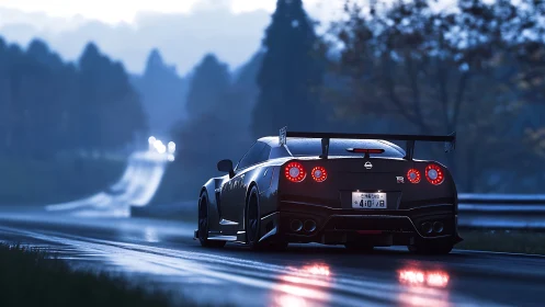 Black sports car on wet forest road in low light conditions.