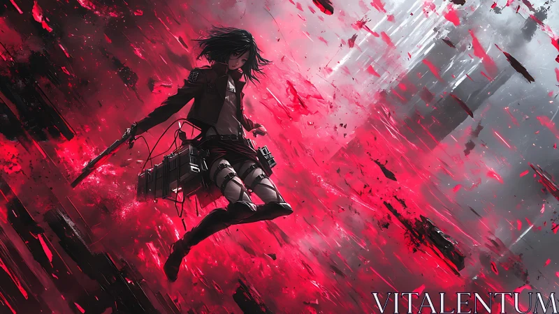 Stormborne warrior dives through a scarlet-shattered sky.