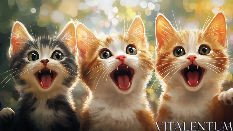 Three Delighted Kittens Roar With Unbridled Joy And Surprise