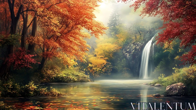 Autumn forest river with waterfall in soft atmospheric light.