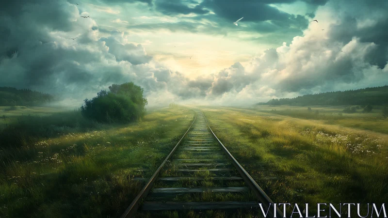 Sunlit railway cuts through misty emerald valley horizon.