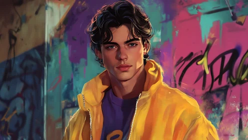 Young man stands before colorful graffiti wall background