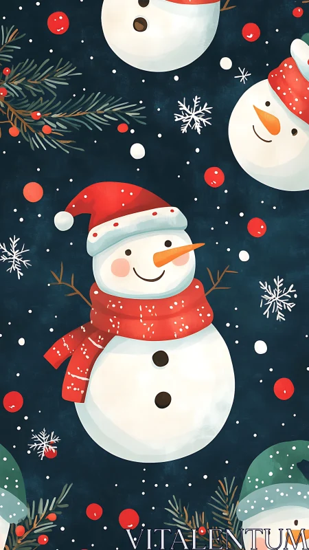 Cheerful snowmen in cozy hats share a playful winter smile