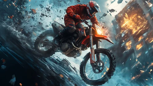 Motocross rider powers through rubble and flying debris.