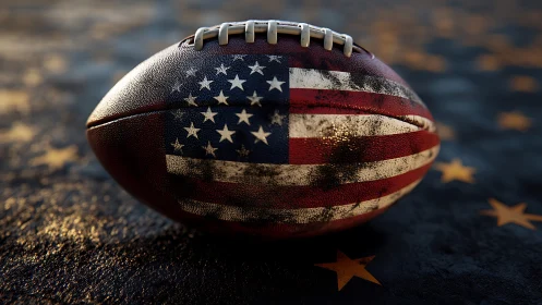 American flag football on textured dark field surface.