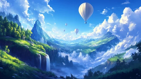 Hot air balloons drift above a tranquil fantasy valley