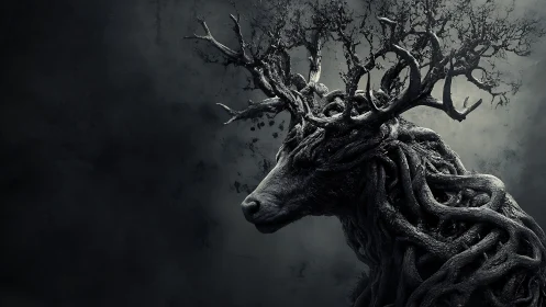 Ancient forest stag emerges with antlers woven from living roots