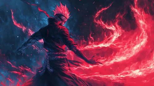 Fire-wielding ninja silhouette in dynamic crimson vortex.